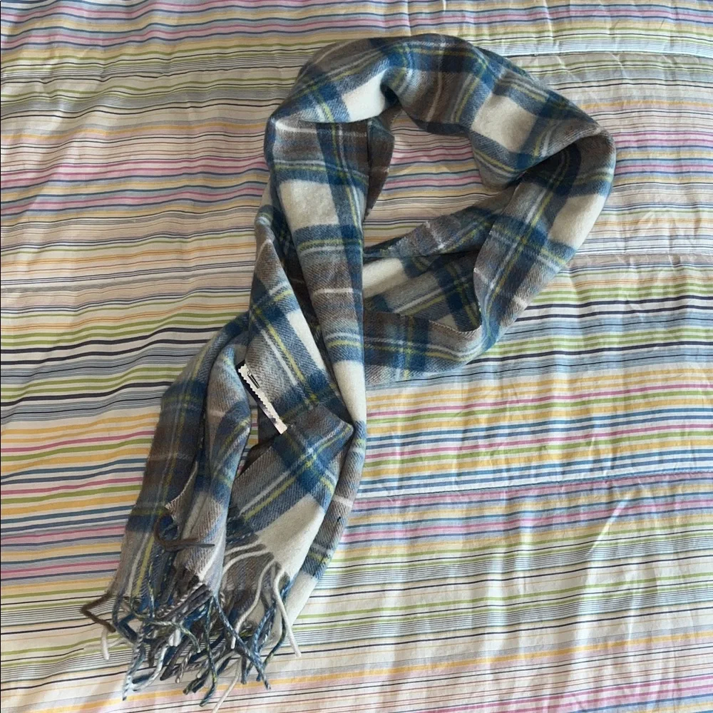 Tweedmill Cadw Plaid Pure Lambswool Scarf Made in Wales Blue Brown Cream‎ Fringe